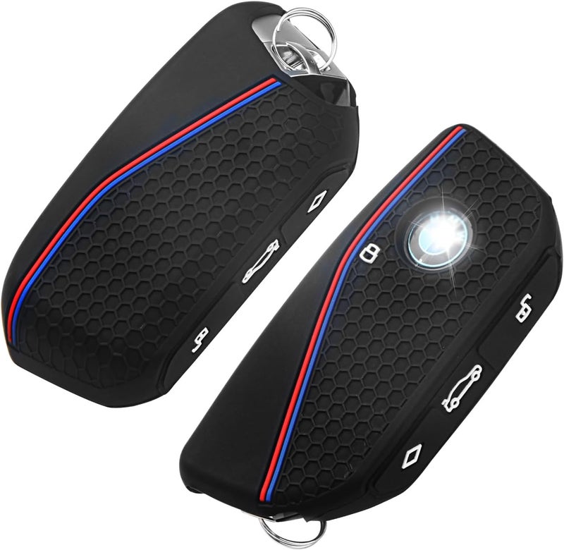 QBUC 2PCS for BMW Key Fob Cover, Soft Silicone Key Case for BMW 2024 2023 2025 7 Series IX I5 M60 X5 X7 X6 IX I7 Car Key Protector with Rings (3 Button,Black) - Image 1